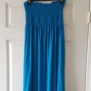 Blue/aqua long strapless cotton maxi dress